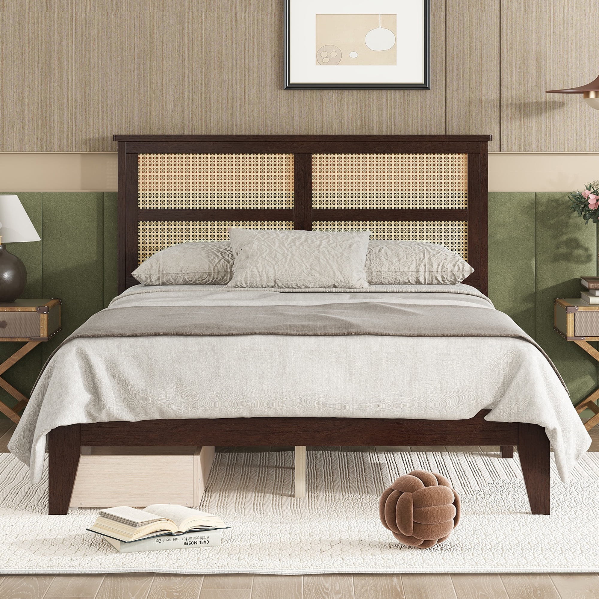Sailvan Full Size Bed with Rattan Headboard, 2 Drawers, Rubber Wood Bed with Support Slats and Feet