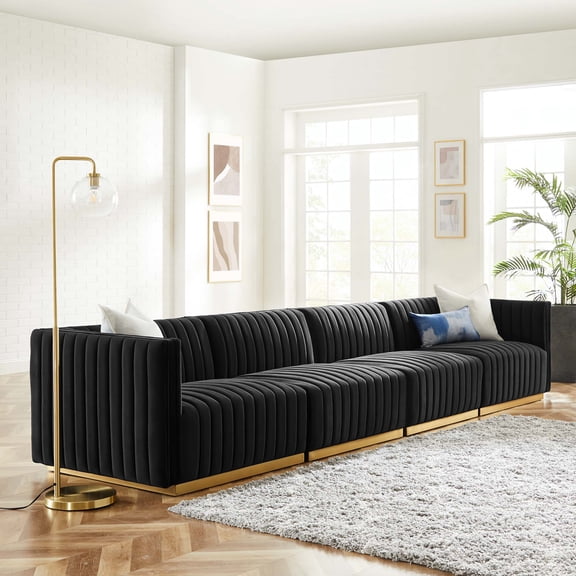 Modway Conjure 4-Piece Channel Tufted Performance Velvet Sofa in Gold Blac