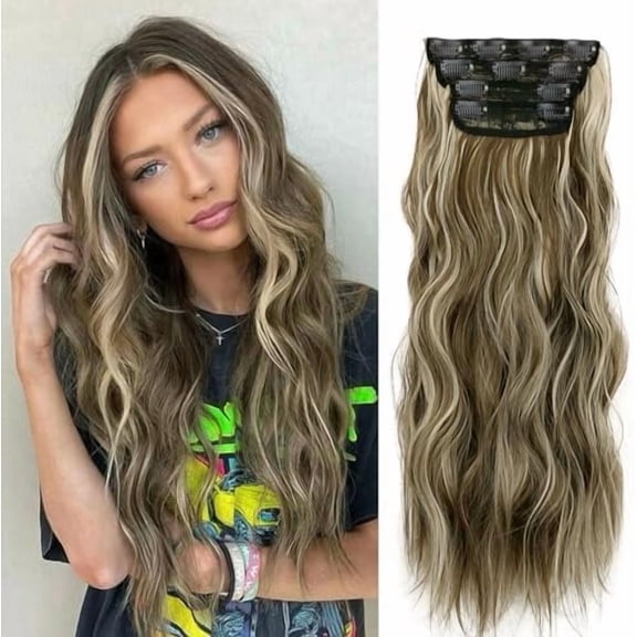 Clip in Hair Extensions 4 count Ash Medium Brown Highlights Hair Extensions Clip Ins 20 Inch Long Wavy Synthetic Hairpieces for Women, for Daily Wear and Parties