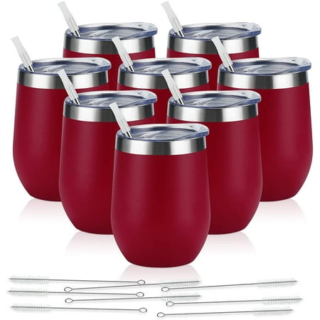 

Gingprous 8 Pack 12 oz Stainless Steel Wine Tumblers with Lids Straws Vacuum Insulated Tumblers Wine Red