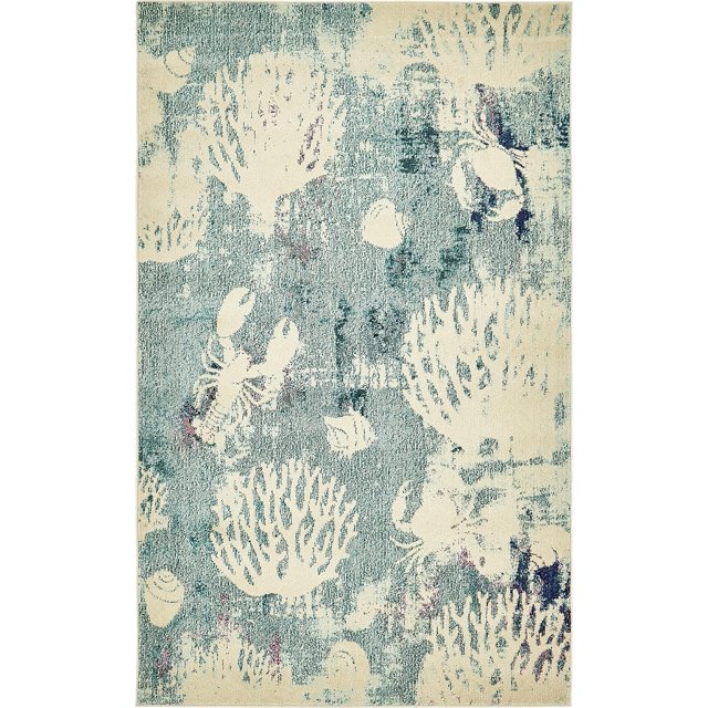 Unique Loom Positano Collection Coastal Modern Coral Lobster Shells Area Rug, 5' 0 x 8' 0, Light Blue/Beige