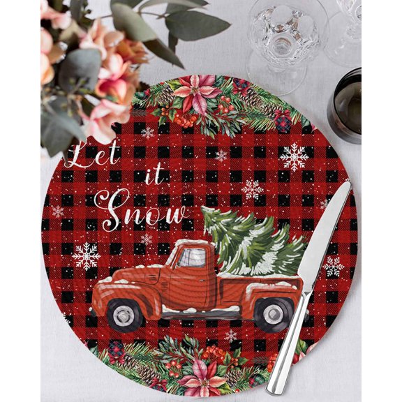 13 Inch Round Placemats Set of 4, Red Plaid Christmas Non Slip Heat Insulation PP Table Mats, Truck Xmas Tree Snowflake Winter Poinsettia Washable Place Mats for Kitchen Dining Party Table Decor
