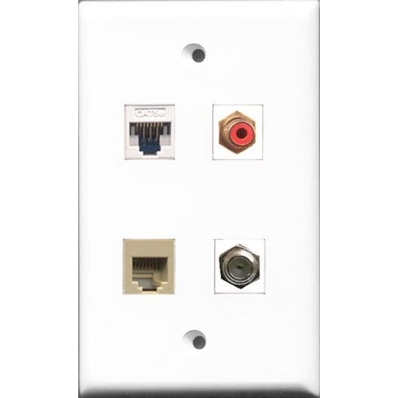 RiteAV 1 Port RCA Red and 1 Port Coax Cable TV- F-Type and 1 Port Phone RJ11 RJ12 Beige and 1 Port Cat5e Ethernet White Wall Plate