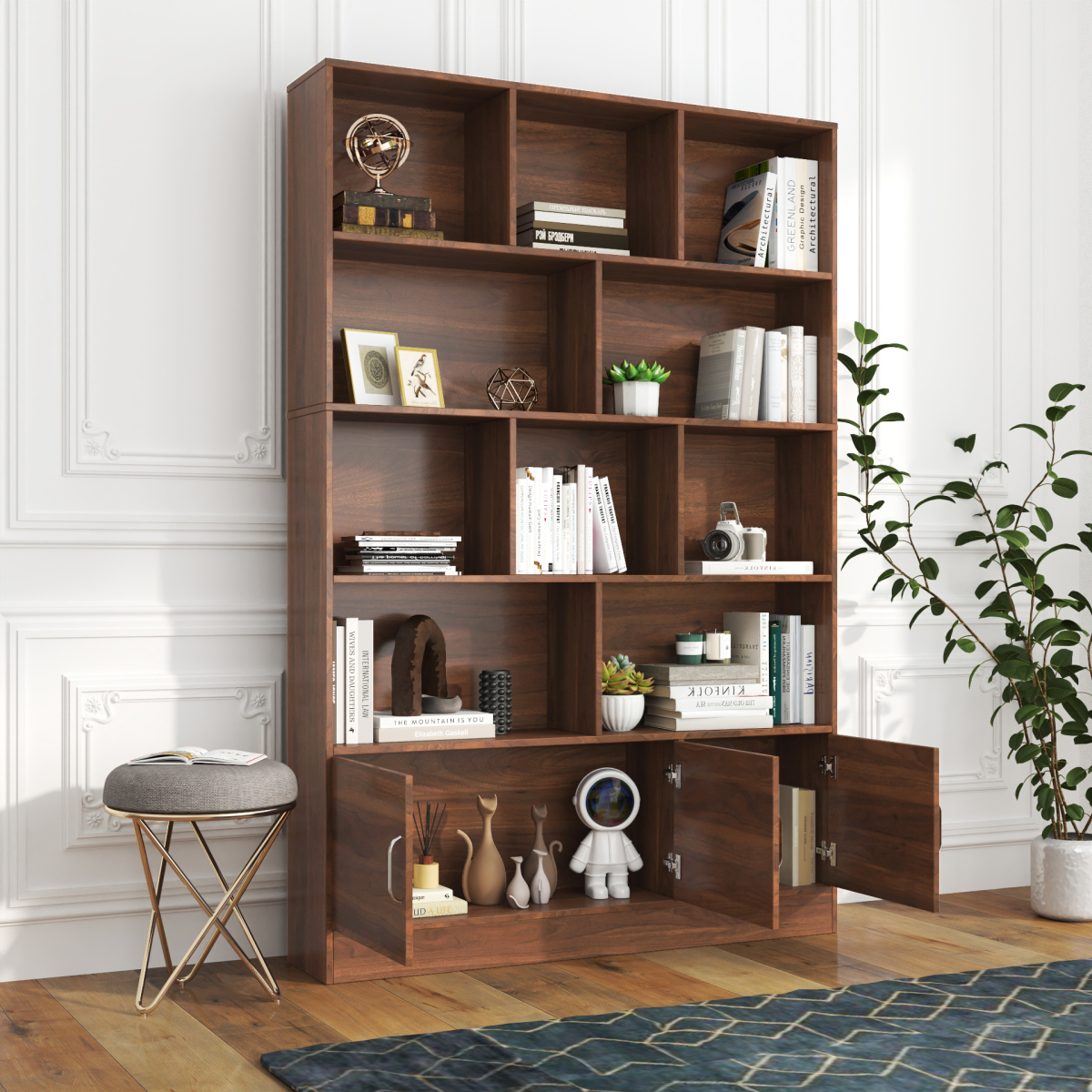 71" Tall Wooden Bookcase, Mid Century Modern Bookshelf with 5-Tier Storage, 3 Doors Open Style Display Shelf W/10 Cubes, Book Shelves Cabinet for Home Office Living Room