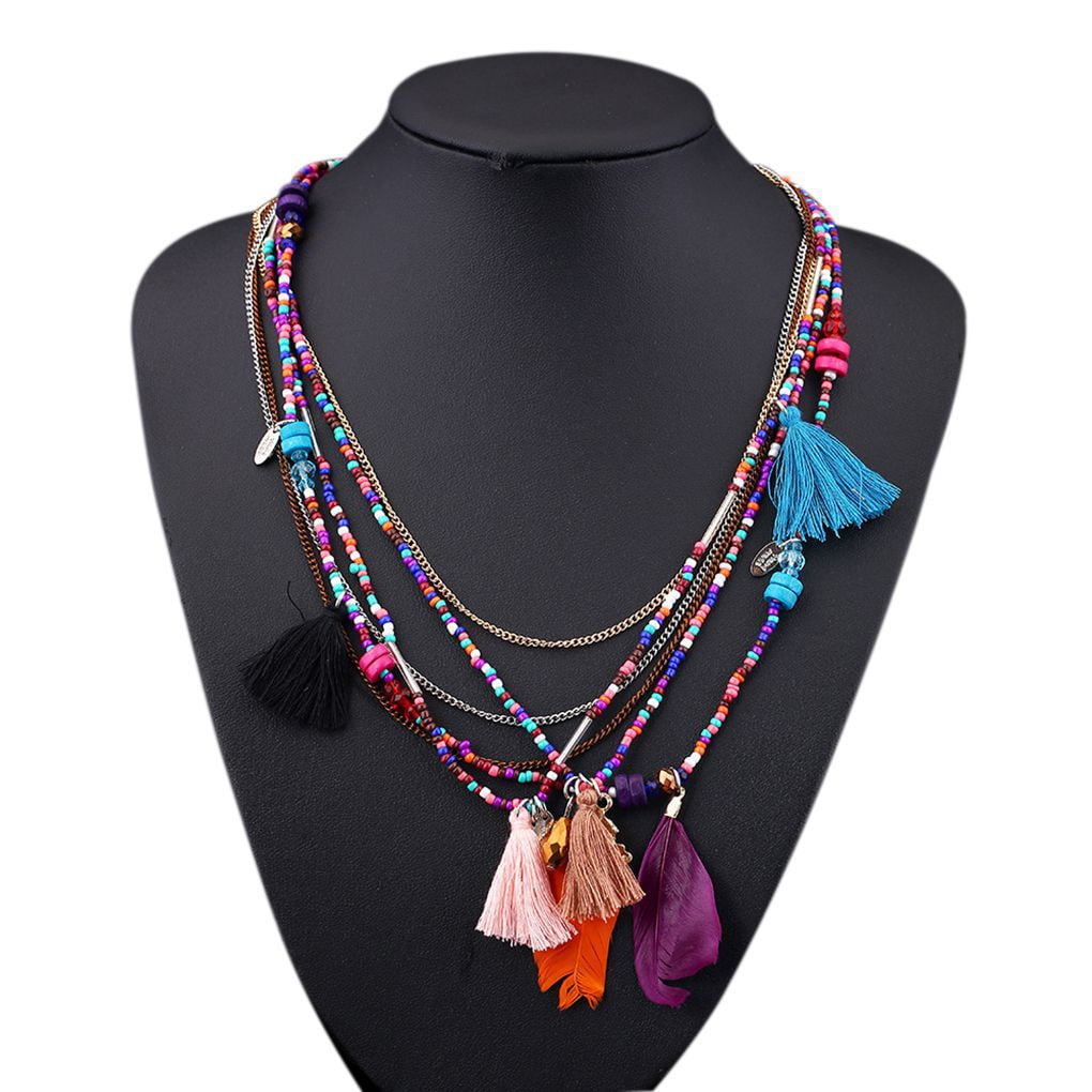 Women's Beaded Feather Tassels Alloy Pendant Multilayer Long Necklace ...