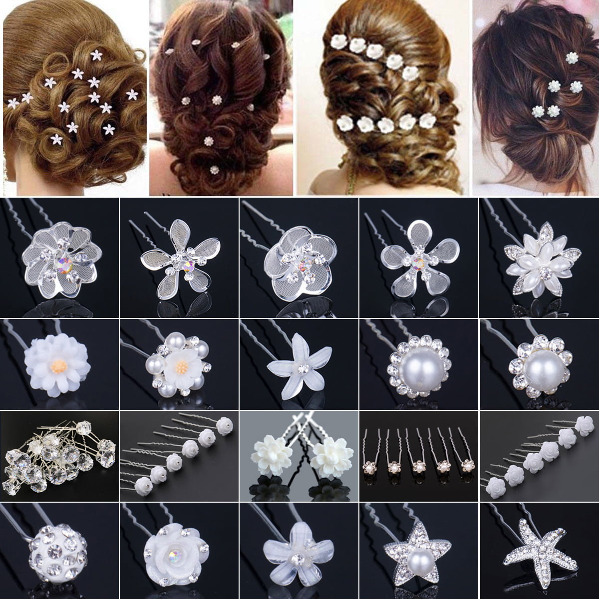 5 Bridal Wedding Prom Black Grey Clear Diamante Hair Pins 