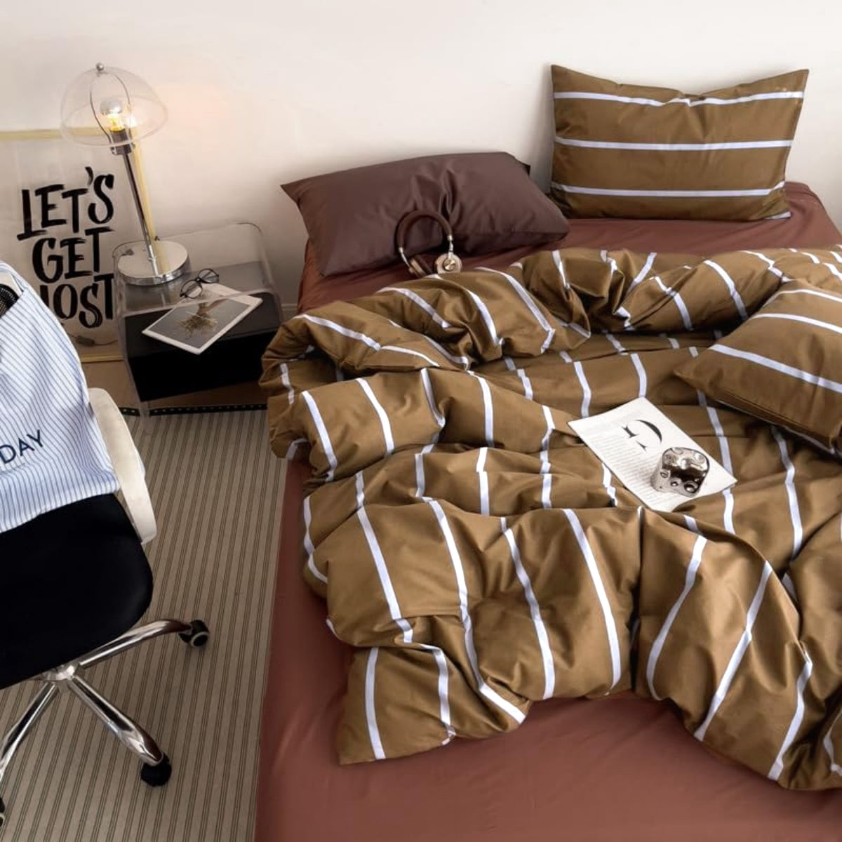 NAYOROOM Brown Blue Striped Duvet Cover Queen Set, 3-Piece Retro Vertical Ticking Stripes Breathable Comforter Cover