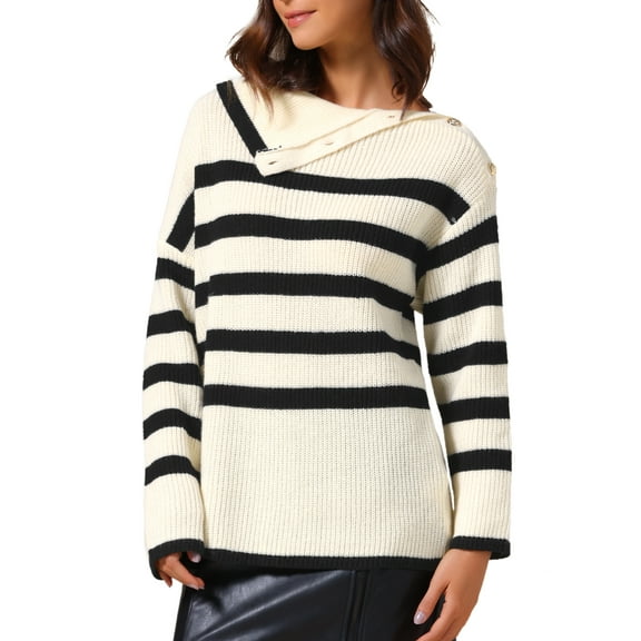 Women Long Sleeve Pullover Sweaters Striped Lapel Collar Color Block Casual Loose Blouses Tops S Apricot