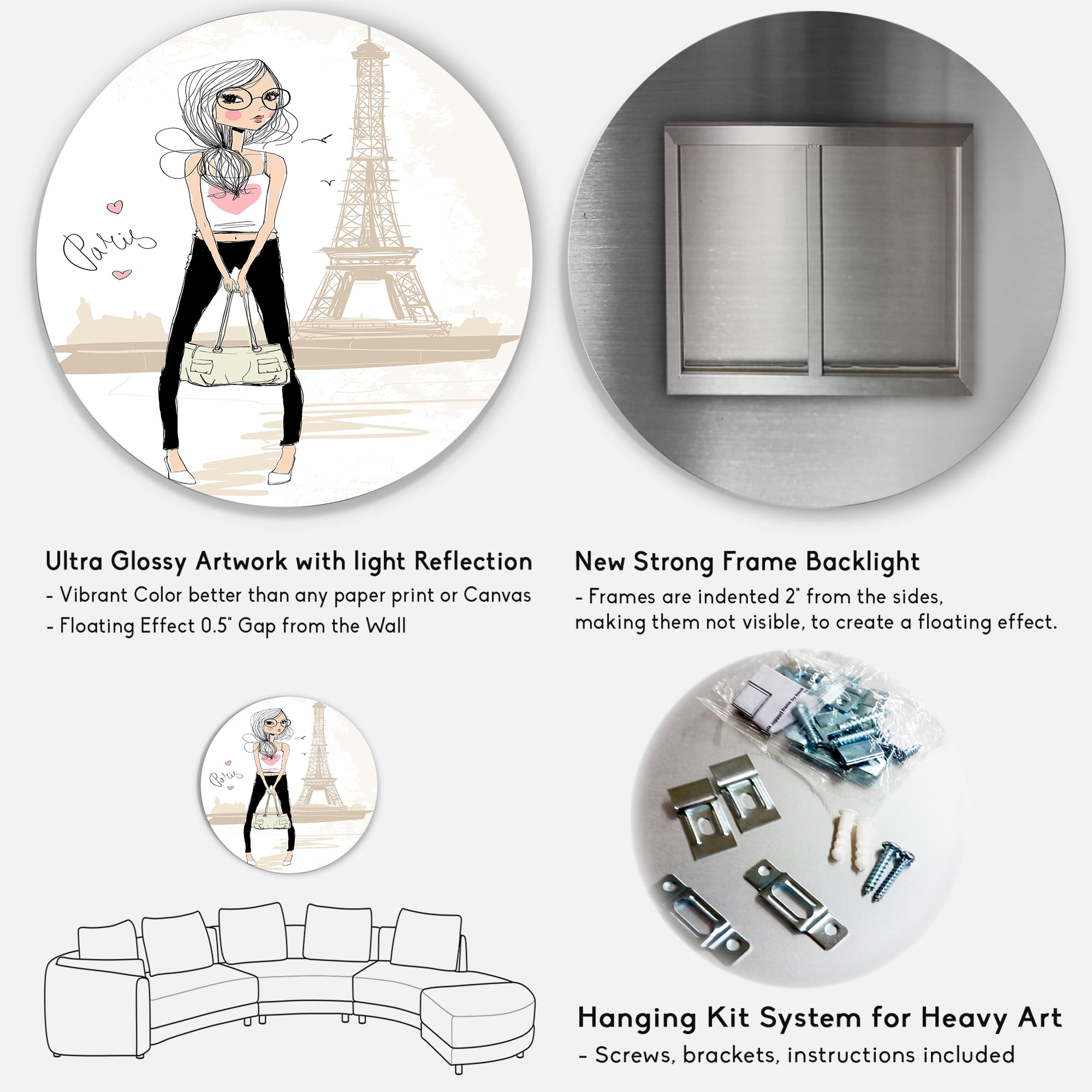 Designart 'Cute Girl By The Tour Paris Eiffel Tower' Children's Art Circle Metal Wall Art 29x29 - Disc of 29