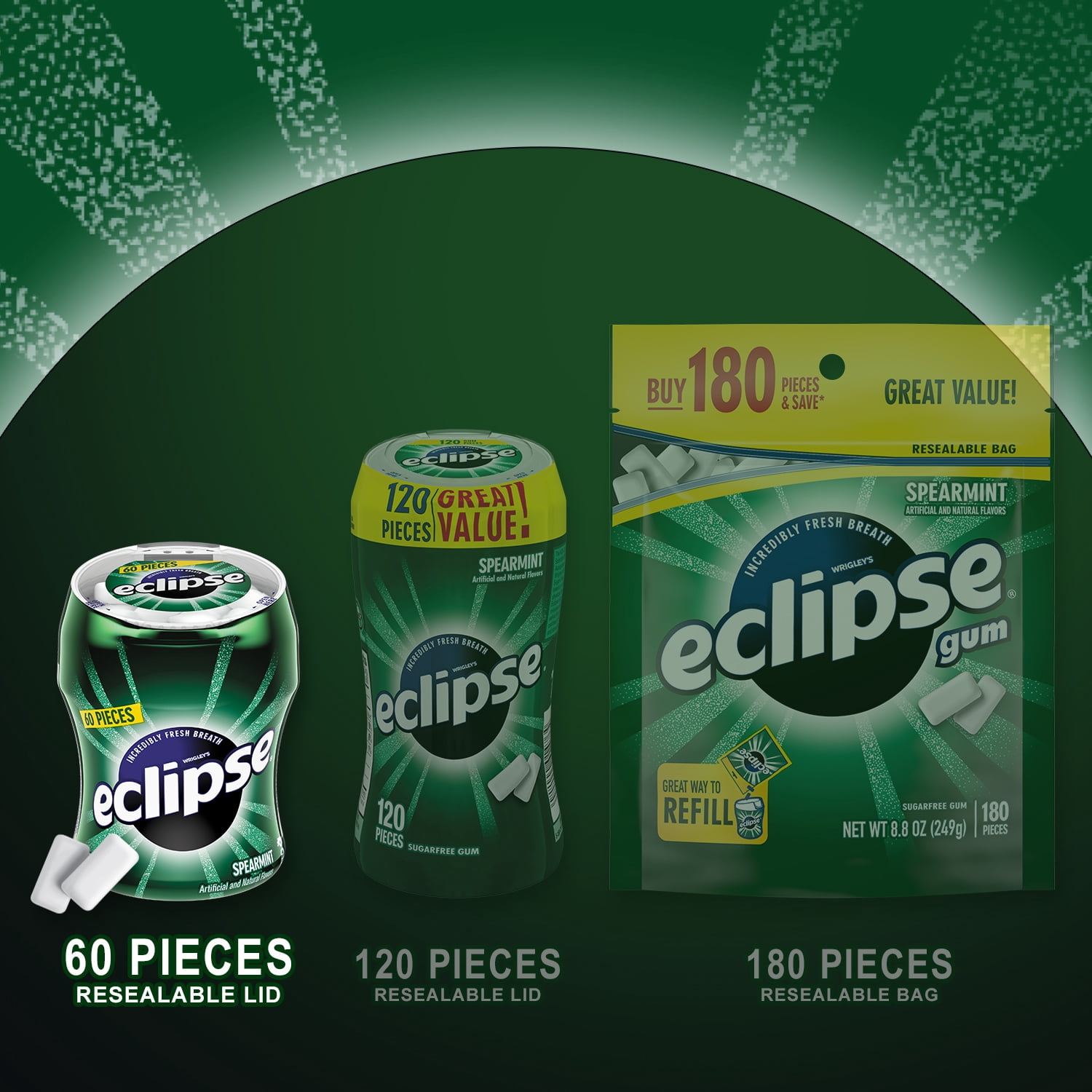 (4 pack) Eclipse Spearmint Sugar Free Chewing Gum Bulk pack - 60 Pieces Bottle