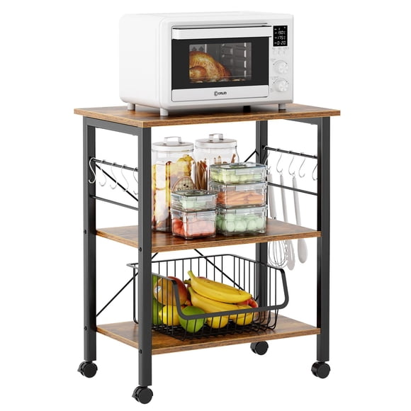 3-Tier Kitchen Baker’s Rack Utility Shelf & Microwave Oven Stand - Retro Storage Cart with Wheels for Ultimate Convenience