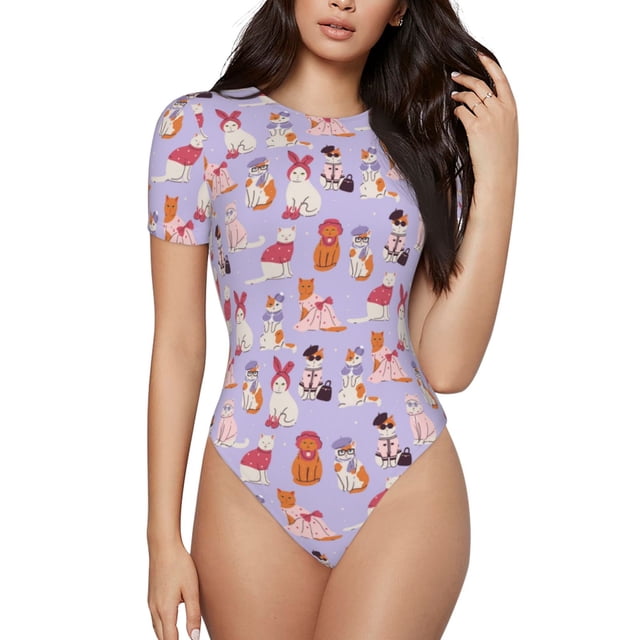 Fotbe Fashionable Cats Body de Mujer con Cuello Redondo y Mangas Cortas, Sin Mangas Ajustado, Suave, Cómodo y Básico-X-Large