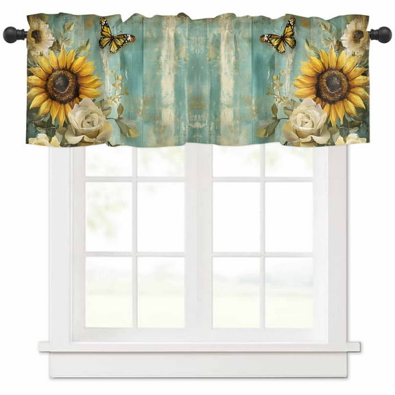 Hokiten Rod Pocket Curtain Valance, Spring Sunflower Rose Farmhouse Window Valance for Living Room, Bedroom, Kitchen Butterfly Teal Wood Vintage 42"W x 12"L