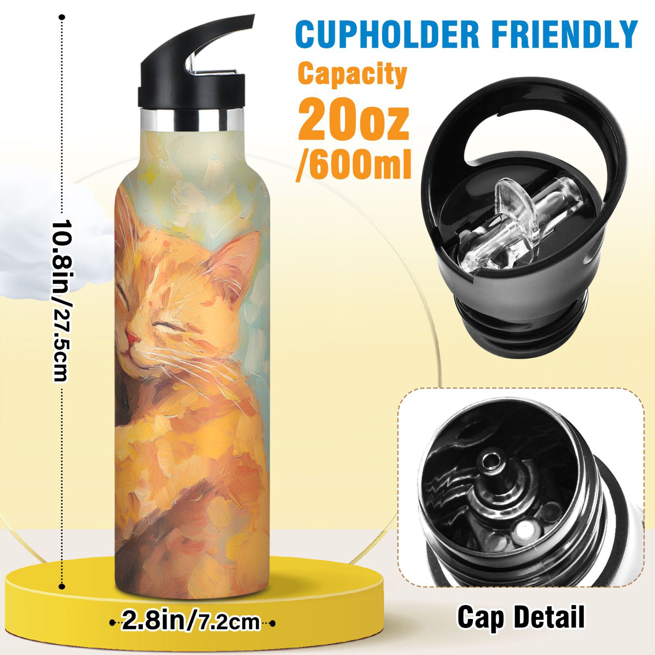 600ML Stainless Steel Insulated Cup Sports Water Bottle Portable Thermos Cup Water Glasses Insulated Tumblers Convenient and Durable Sleeping Cats