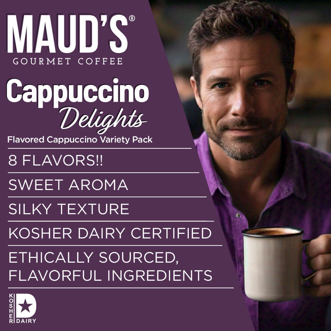 Maud's Cappuccino Coffee Pods Variety Pack, 56 ct, 8 Assorted Flavors, Single Serve Pods – Compatible with Keurig K Cups Maker