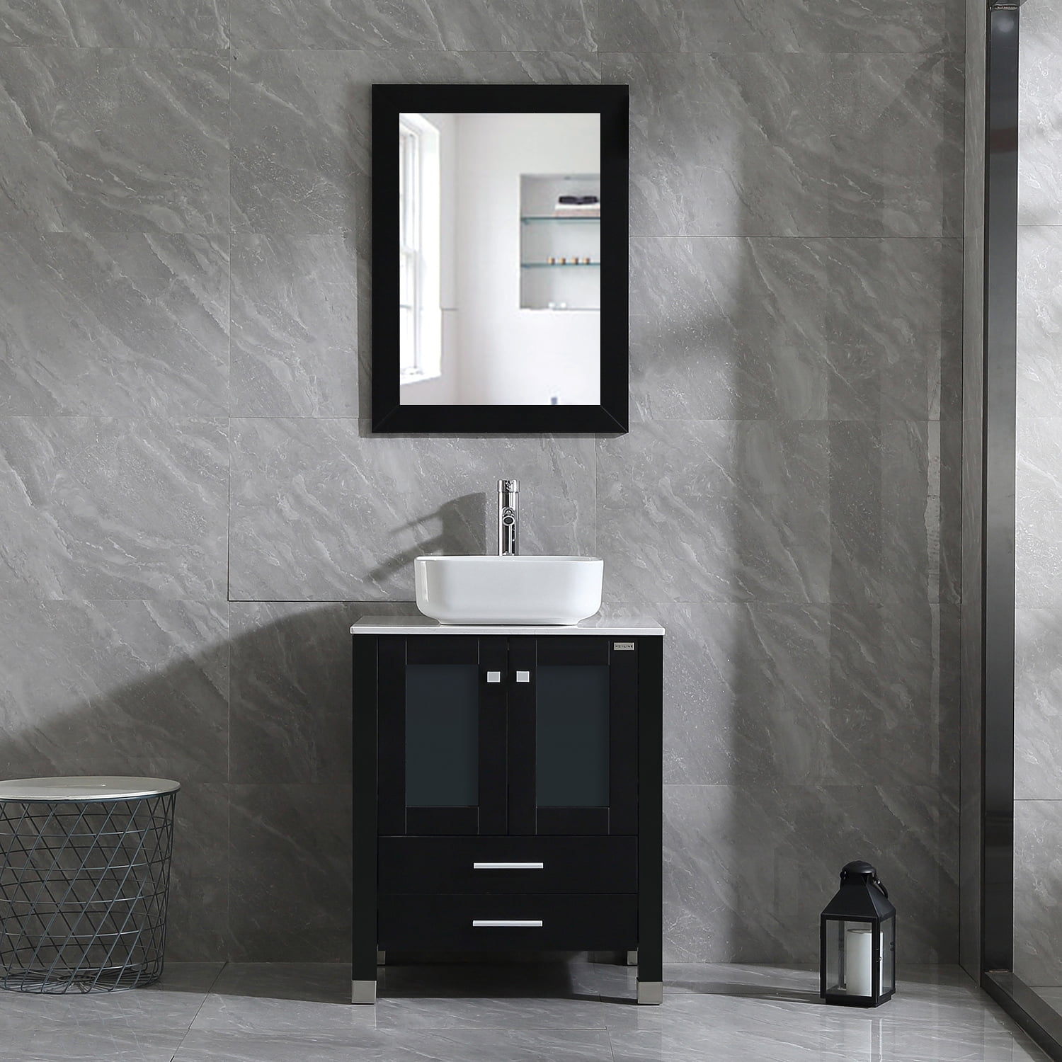 Details about   18"Wide Small Bathroom Cabinet Vanity White Sink Dark Walnut Shaker Door Design 