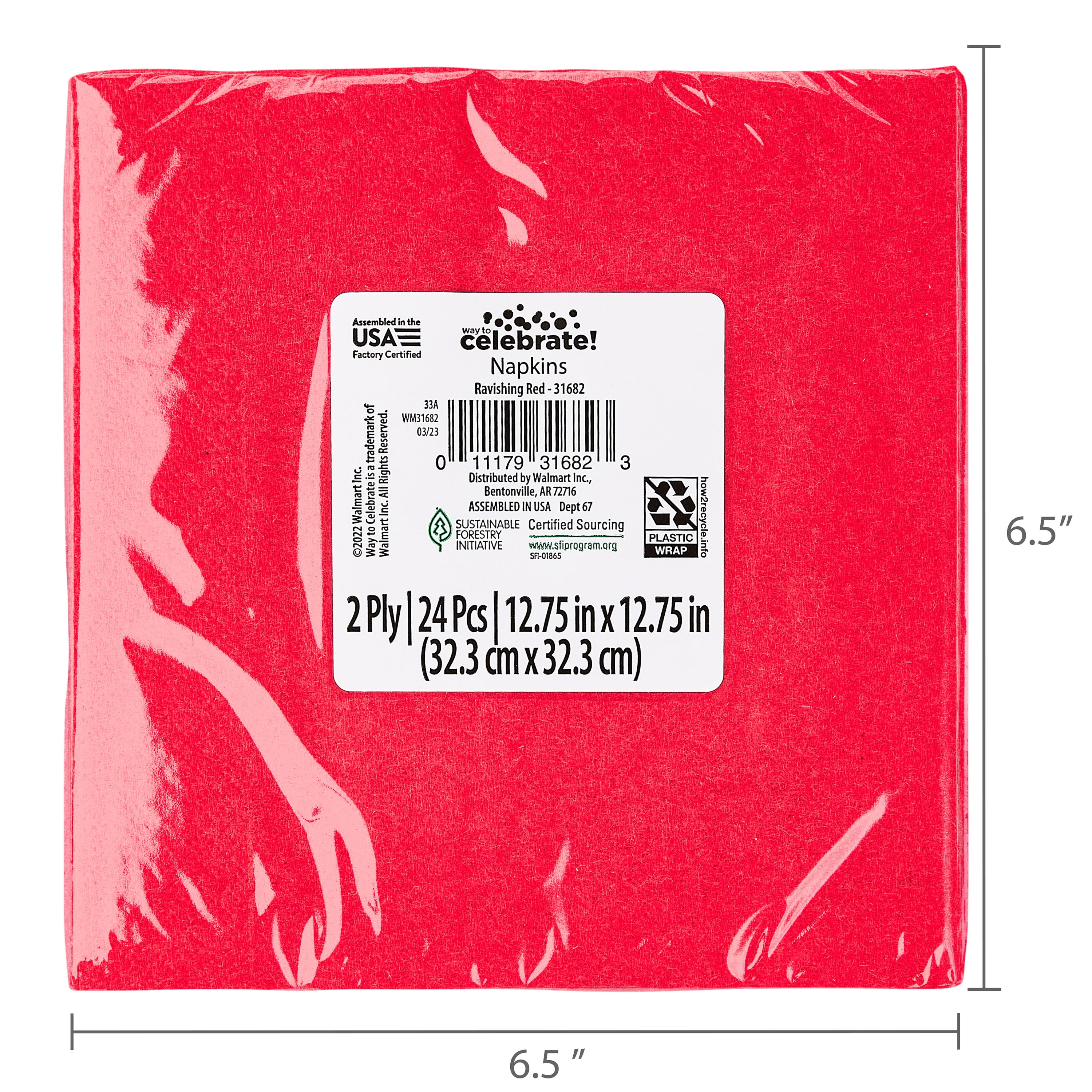 (6 pack) 24CT 6.5IN x 6.5IN Red Disposable Paper Napkins by Way To Celebrate