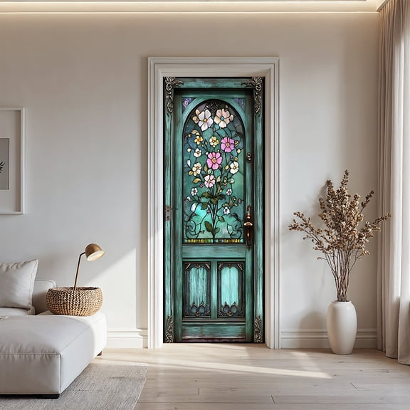 Distressed Green Wooden Door with Floral Stained Glass Sticker, Rustic Cottage Style Door Mural Decal