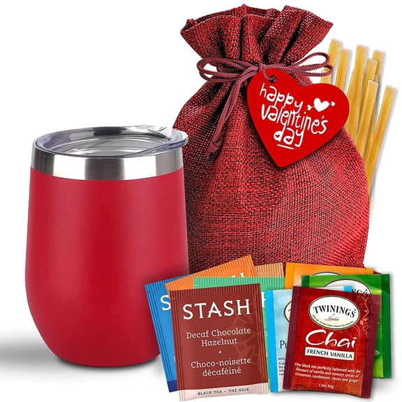 Bellina Tea Gift Baskets for Women and Men - Valentines Day - Insulated Cup, 20 Premium Teas, 10 Honey Straws, Gift Tag & Bag