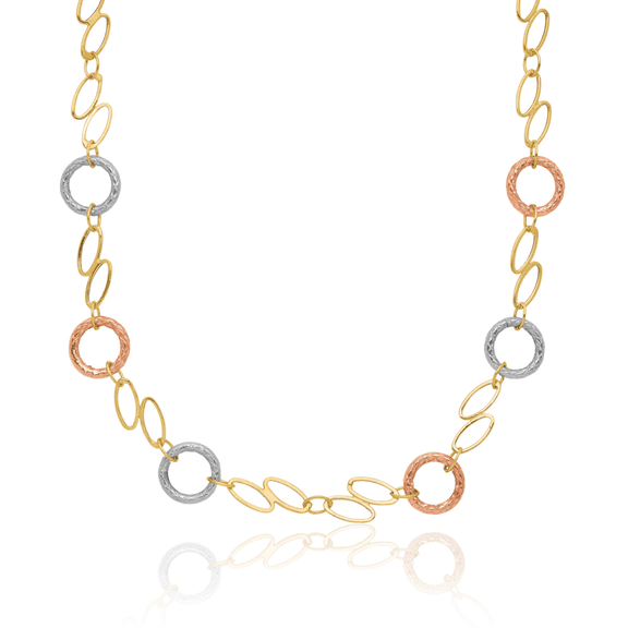 14K Solid Tri Color Pink White Yellow Gold Circle Round Geometric Chain Necklace