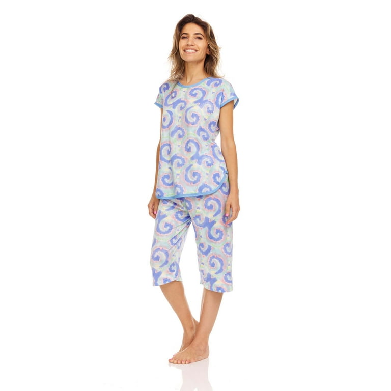 Lati Fashion Women Capri and Short Sleeve Top 2-Piece Female Pajamas Set  Blue XXL 