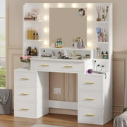 Afuhokles Glass Top Vanity Desk with Mirror and Lights, Makeup Vanity with Lights, Charging Station, 8 Drawers, Acrylic Dividers and Shelves, White
