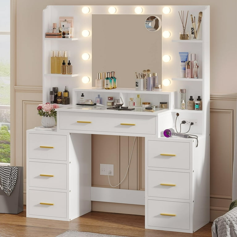 Afuhokles Glass Top Vanity Desk with Mirror and Lights, Makeup Vanity with  Lights, Charging Station, 8 Drawers, Acrylic Dividers and Shelves, White
