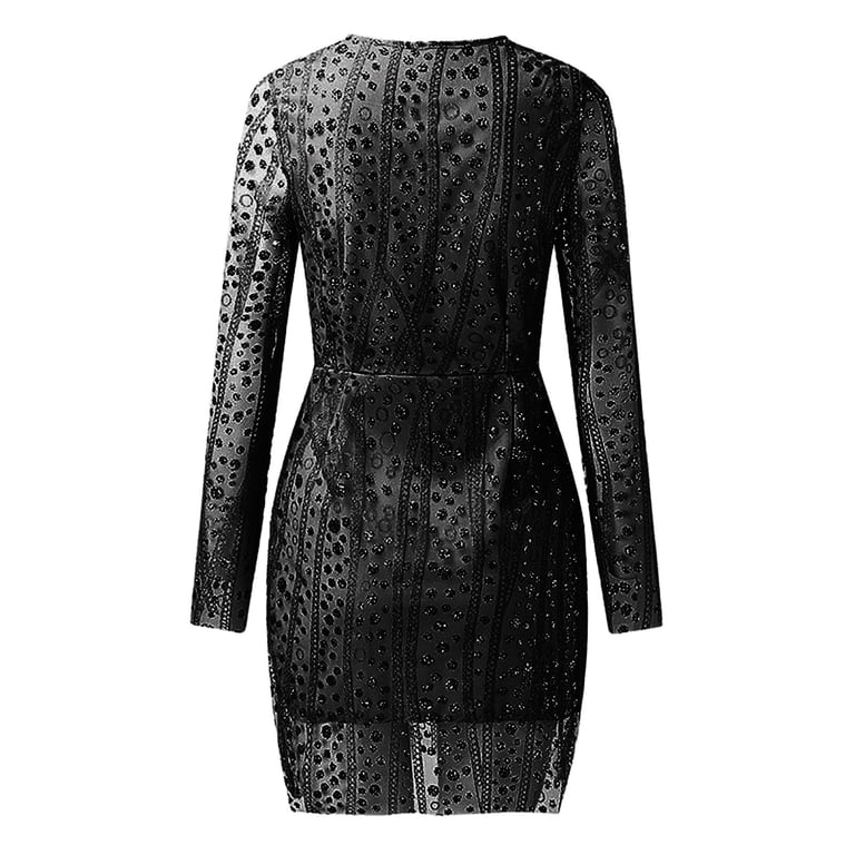 Likimi Womens Mini Dresses Fashion Deep V Neck Slim Fit Sequined Long Sleeve  Evening Gown Dress Black Size L - Walmart.com