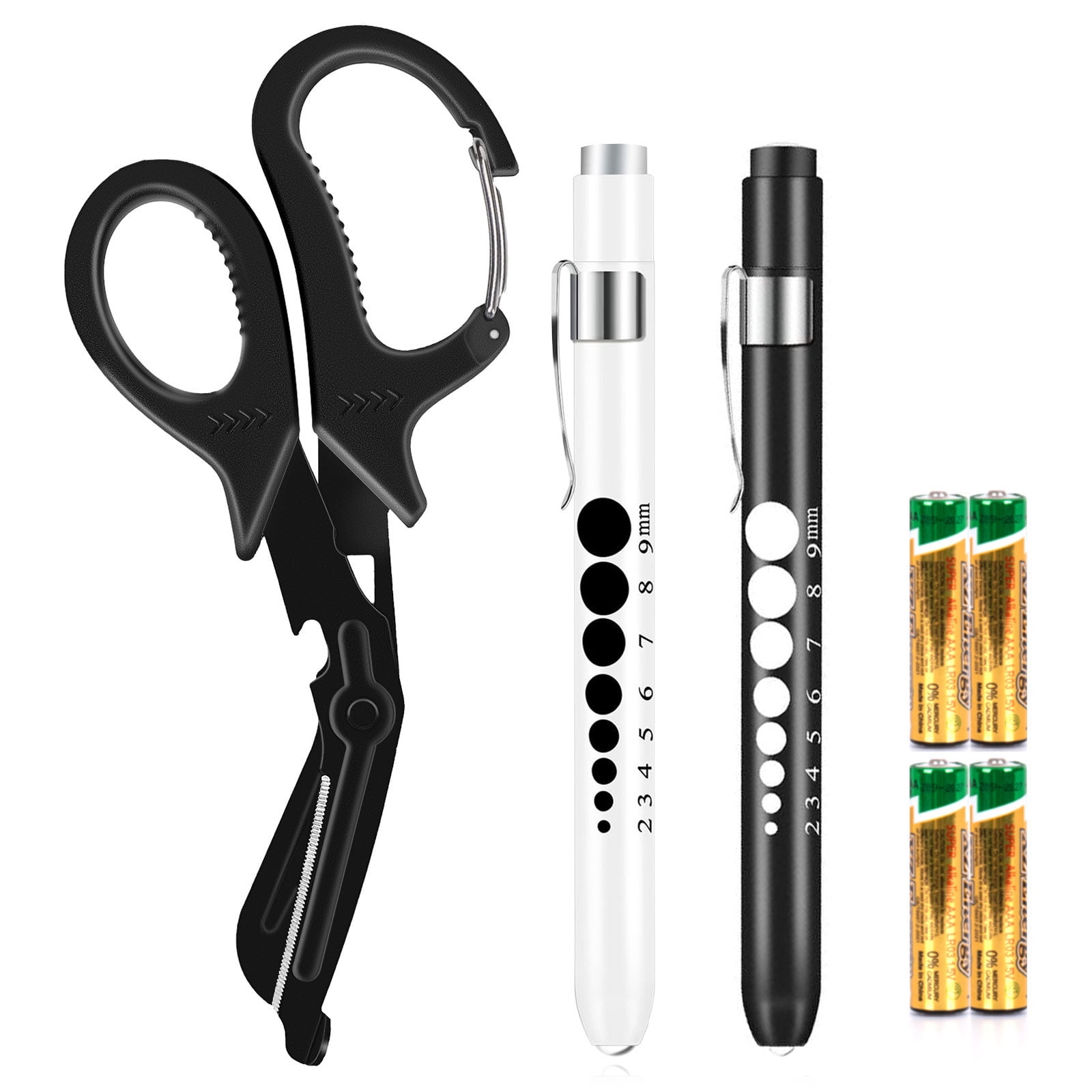 3 Pack Penlight and Bandage Scissors for Nurses, Black and White LED Pen Light with Pupil Gauge and 7.5 Inches Black Trauma Shears with Carabiner for Nurse Doctor First Aid(Includes Battery)