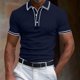thumbnail image 1 of Playera Elvqul para Hombre Azul Marino Playa de Color Sólido Manga Corta Solapa Abotonada, 1 of 5