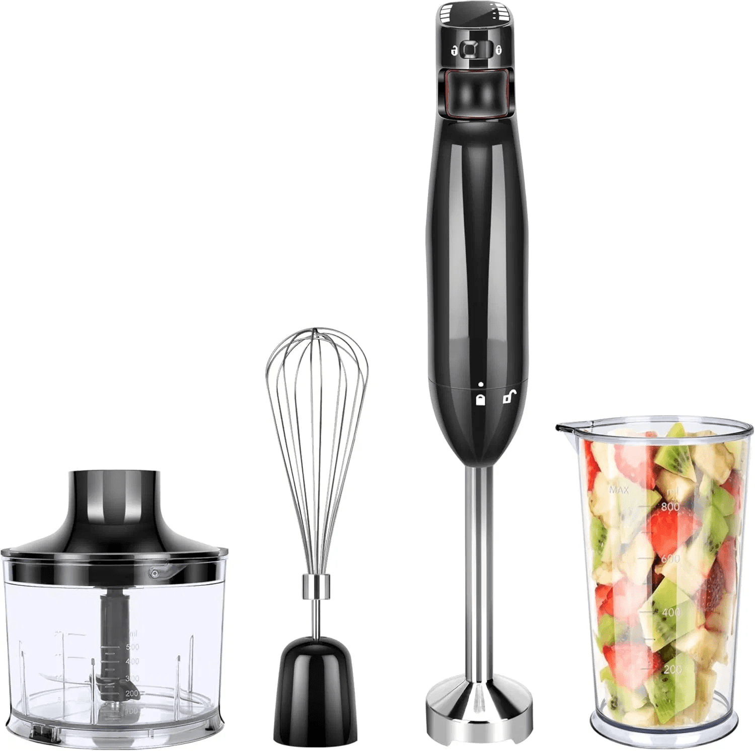 3-in-1 Immersion Hand Blender, Powerful 400W DC Motor, Variable Speed Stick Blender with Whisk, Chopper, and Measuring Cups for Smoothies, Soups and baby foods, Black