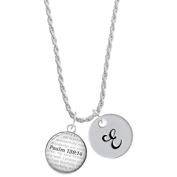 Delight Jewelry Silvertone Domed Psalm 139:14 Silvertone Script Initial Disc - E - Charm Necklace, 20"+3"