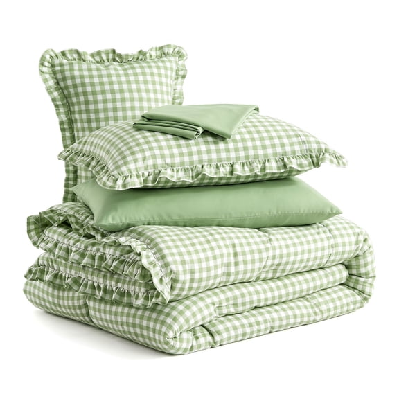 Unbranded 7 Pieces Gingham Ruffle Comforter Set Queen Size, Green Grid Tartan Bedding Set, Soft Breathable Fabric Comforter with Flat Sheet, Fitted Sheet, 2 Pillowcases & 2 Shams, 88"X88"