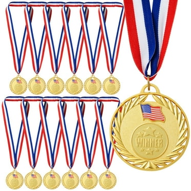 12-Pack Gold Winner Medals for All Ages, Participation Awards with American Flag, 15.5-Inch Red, White, and Blue Ribbon for Sports, Tournaments, Competitions, Heavy-Duty (Metal, 2.75 in)