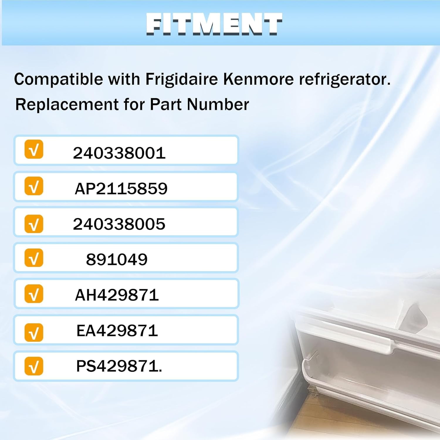 Replacement Drawer / Bin for Frigidaire / Kenmore Refrigerators — Fits Part # 240338001 / AP2115859 — White / Clear