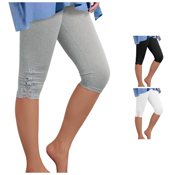 VNKIDY Womens High Waist Solid Color Stretch Capri Leggings Summer Lace Hollow Hem Slim Fit Daily Layering Casual Undergarment Bottoms For Ladies Cozy Pants Grey L