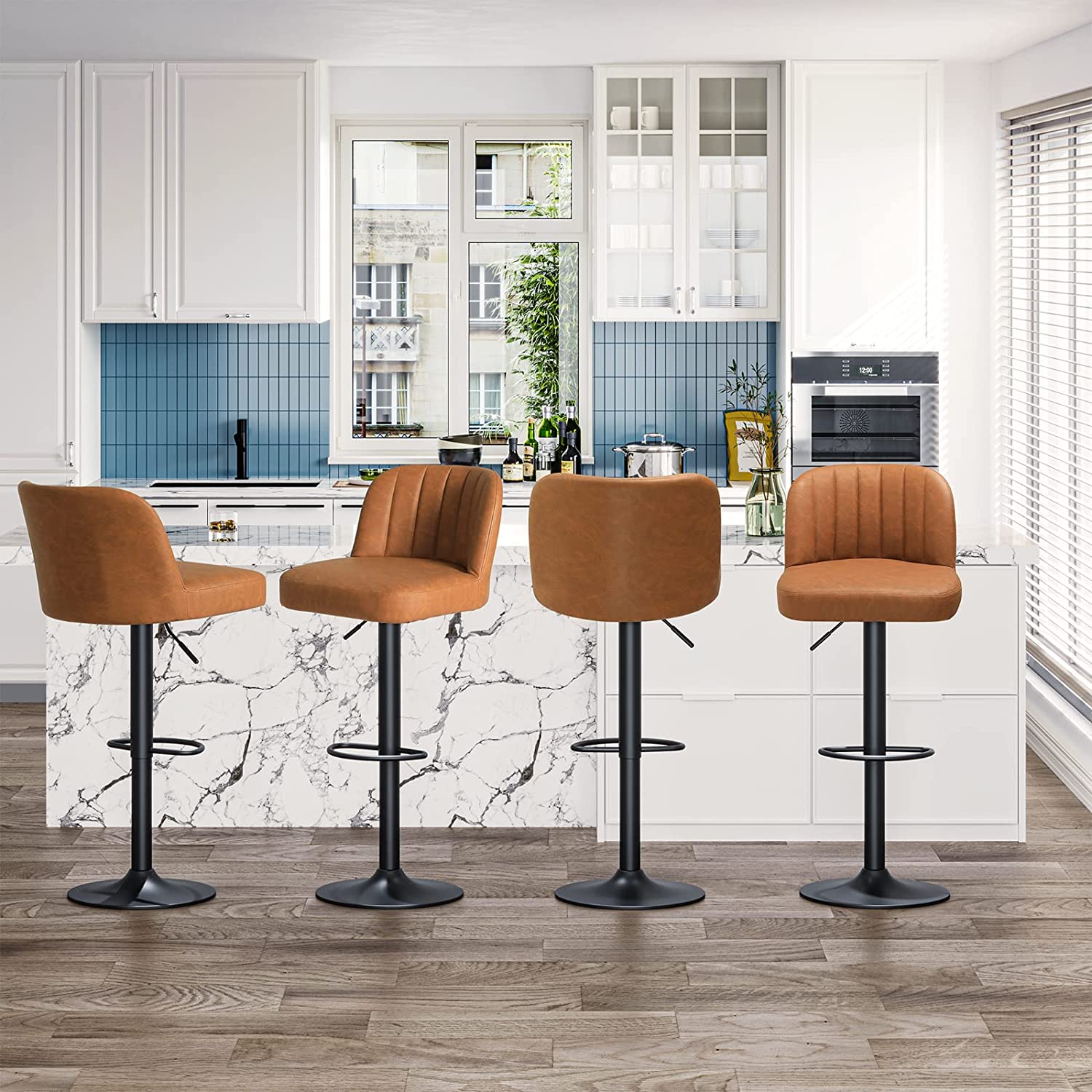 Leather Bar Stools Set of 4, Brown Bar Height Stools Adjustable Swivel