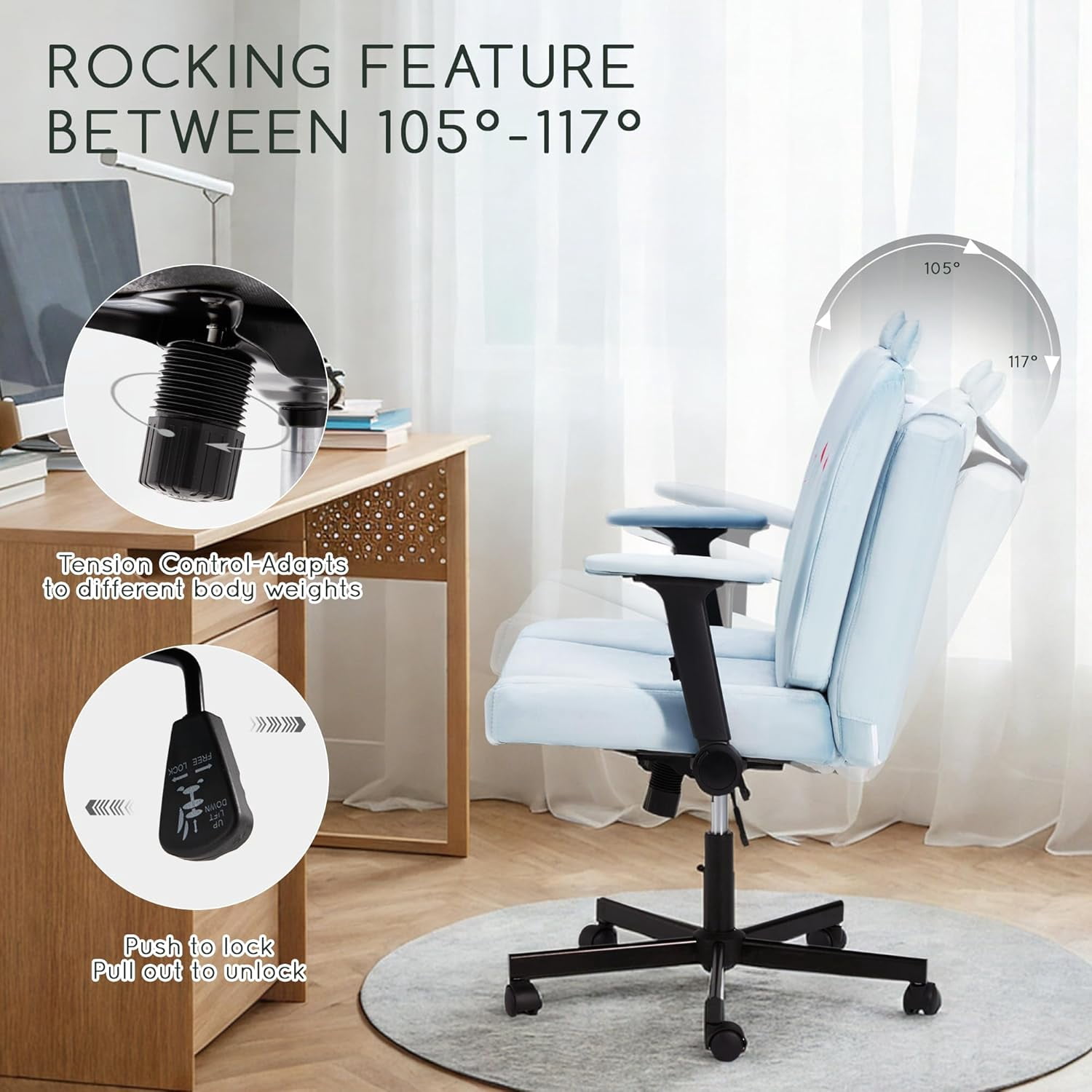 Vicluke Criss Cross Chair with Wheels, Oversized Office Chair Featuring Extra-Wide Seat & Adjustable Backrest for Home Office, Cute & Comfortable Chair for Dressing, Gaming, Reading(Blue)