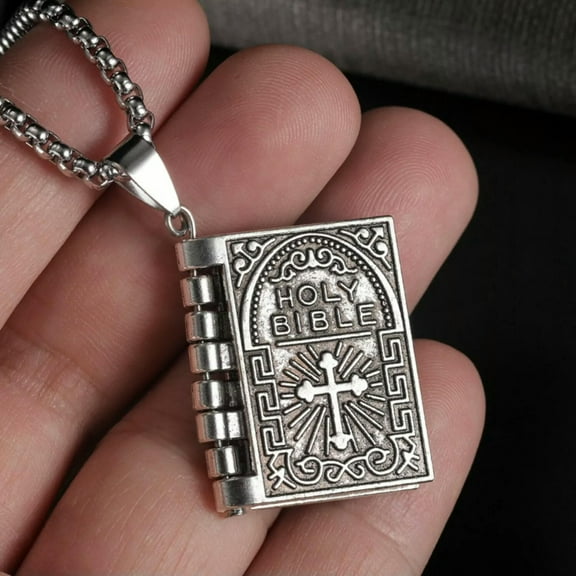 GKNET Vintage Silver Cross Bible Book Pendant Necklace Delicate Jewelry For Men Women