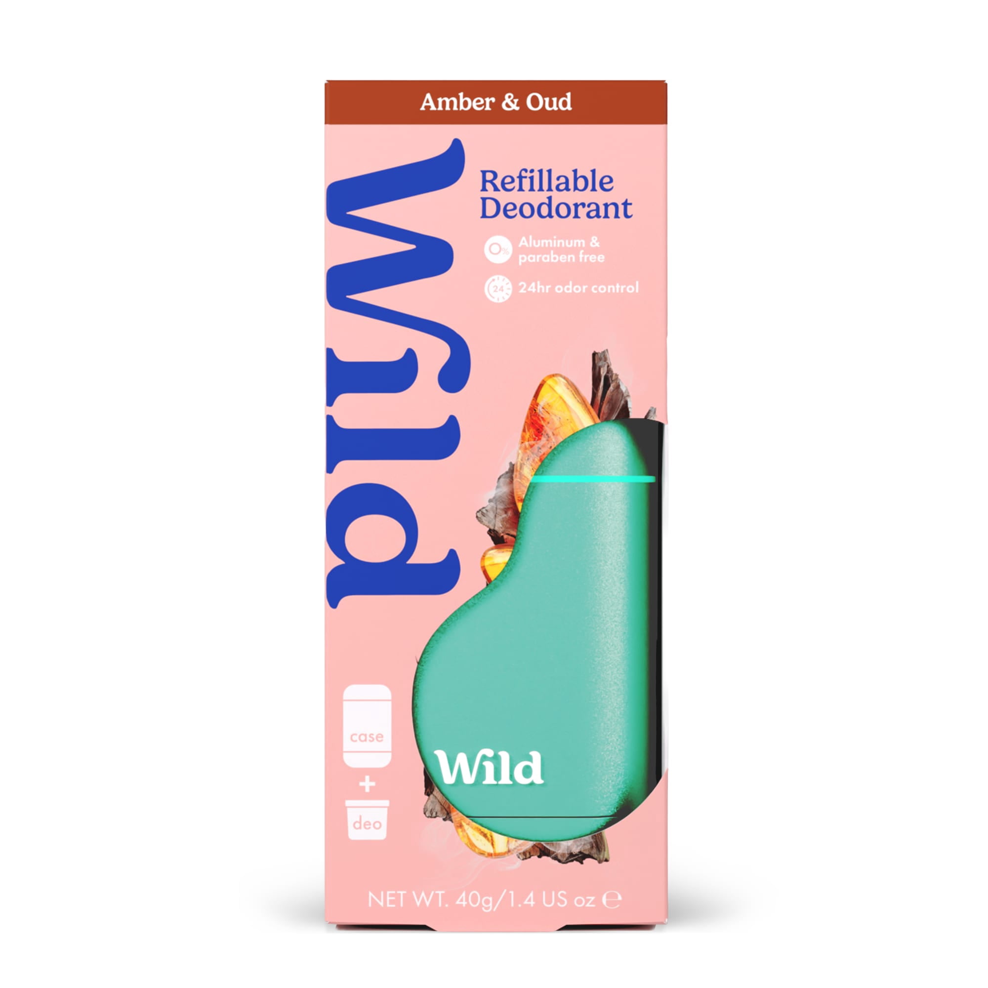 Wild Refillable Deodorant Starter Pack - Aluminum Free. Aqua Case + Amber & Oud Refill, for Women and Men, 1.4oz