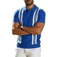 thumbnail image 3 of Men's Knit Horizontal Striped Short Sleeve Open V-Neck Collared Polo Shirt, Casual Slim Fit Top, Breathable Knitwear for Smart Casual Style and Everyday Wear Blue XL, 3 of 4