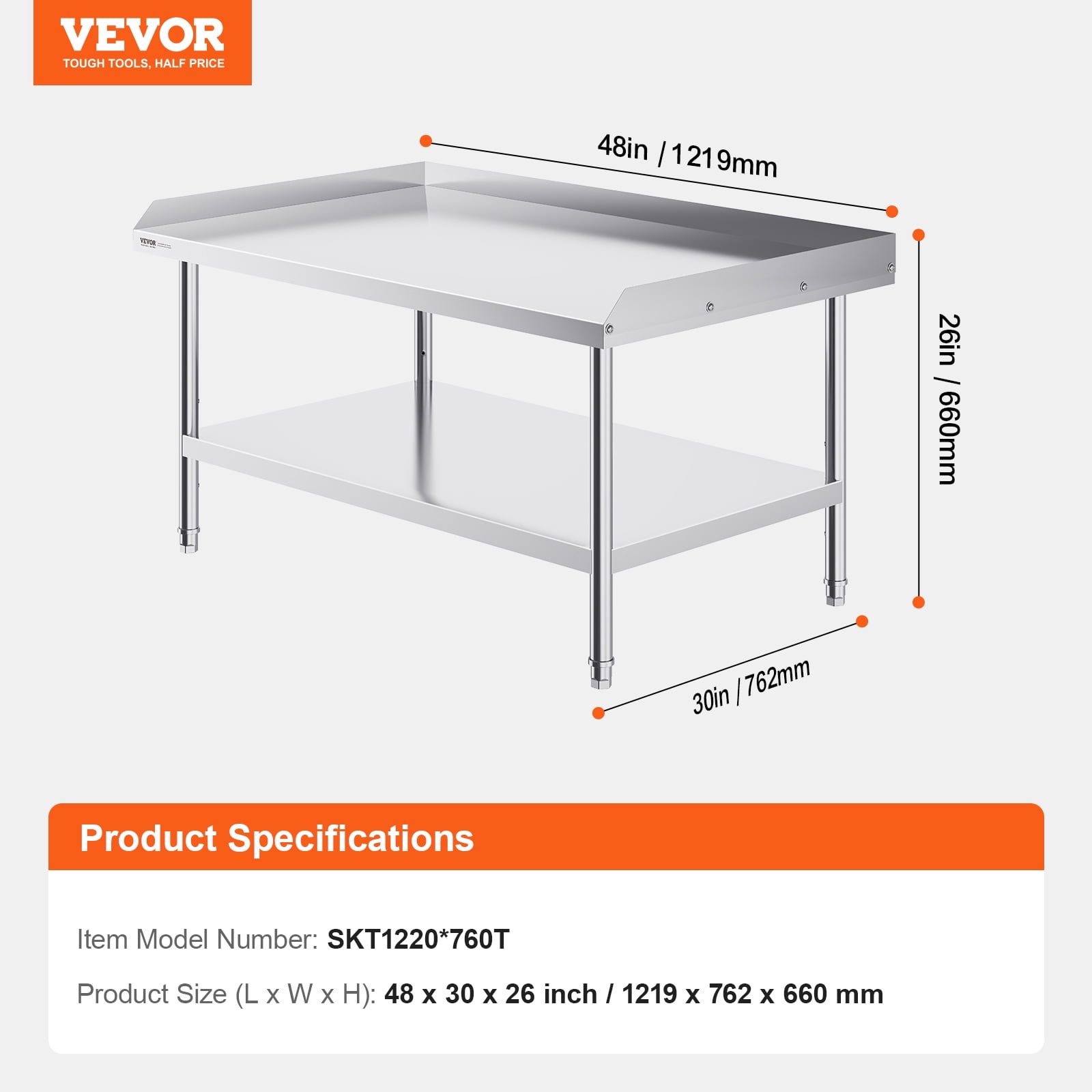 VEVOR Stainless Steel Work Table,30 x 48 x 26 Inch Commercial Food Prep Worktable,3-Sided Backsplash Heavy Duty Prep Worktable,Metal Work Table with Adjustable Height for Restaurant Home Hotel