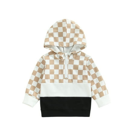 

Frobukio Toddler Kids Boys Hoodies Plaid Contrast Color Long Sleeve Zipper-Up Sweatshirts Autumn Winter Pullovers Tops Khaki White Black 2-3 Years