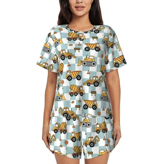 Gukieu Construction Vehicle Print Women's Short-sleeved Pajama Set, Round Neck Button Top Elastic Shorts 2-piece Set, Summer Home Leisure Clothing-Small
