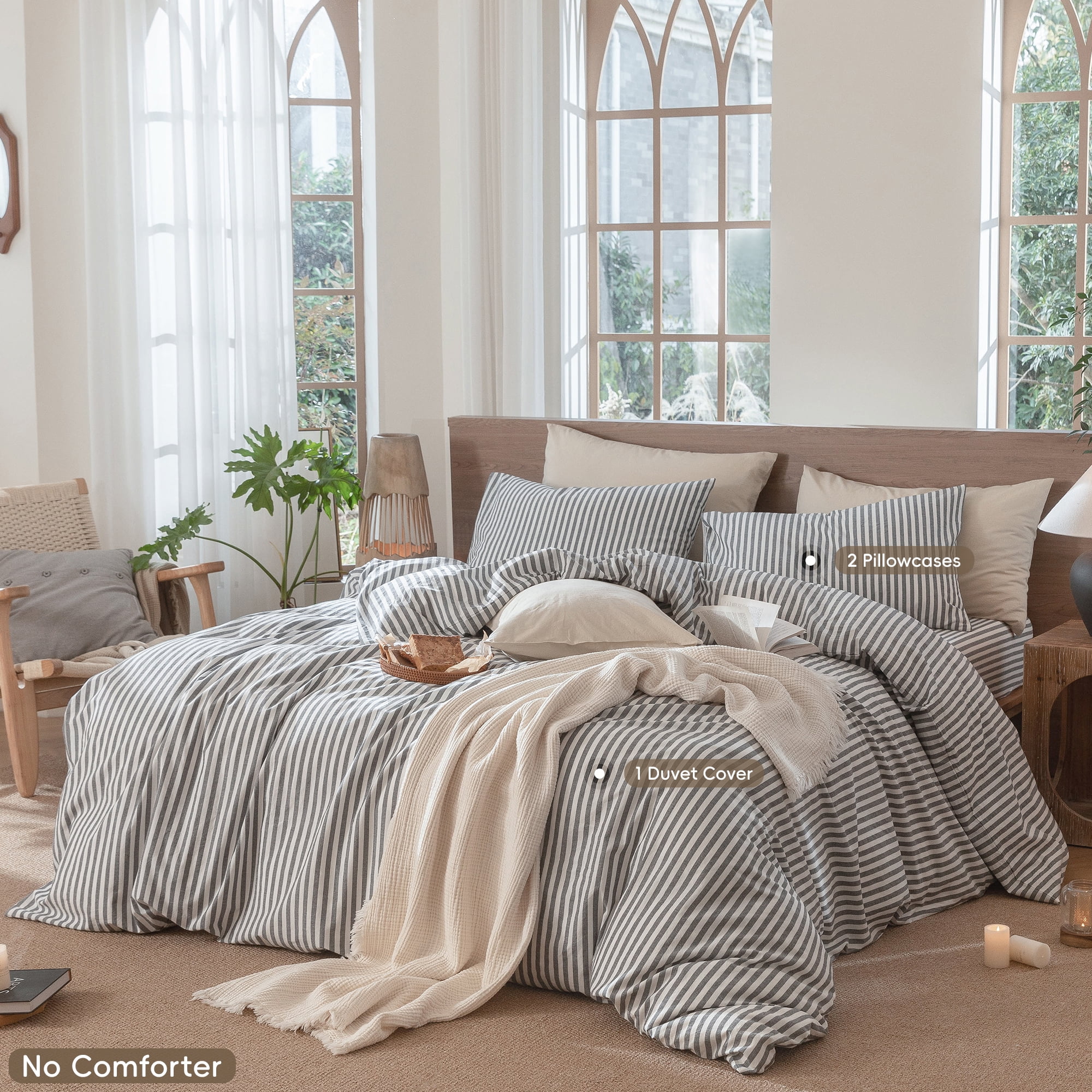 MooMee Striped Duvet Cover Set Cal-King 100% Washed Cotton Linen Like Textured Breathable 3-Piece (Dark Grey& White Classic Stripes)