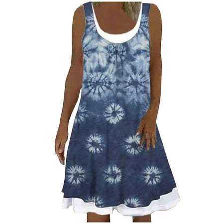 

Women Fashion Denim Sexy Round-Neck Floral Printing Fake Two-Piece Dress Sky Blue S