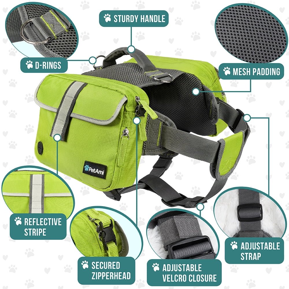 PetAmi Dog Backpack for Medium Large Dogs, Dog Saddle Bag For Dogs to Wear, Harness Saddlebag with Reflective Safety Side Pockets for Hiking, Camping, Vest Dog Pack for Travel (Green, Medium)