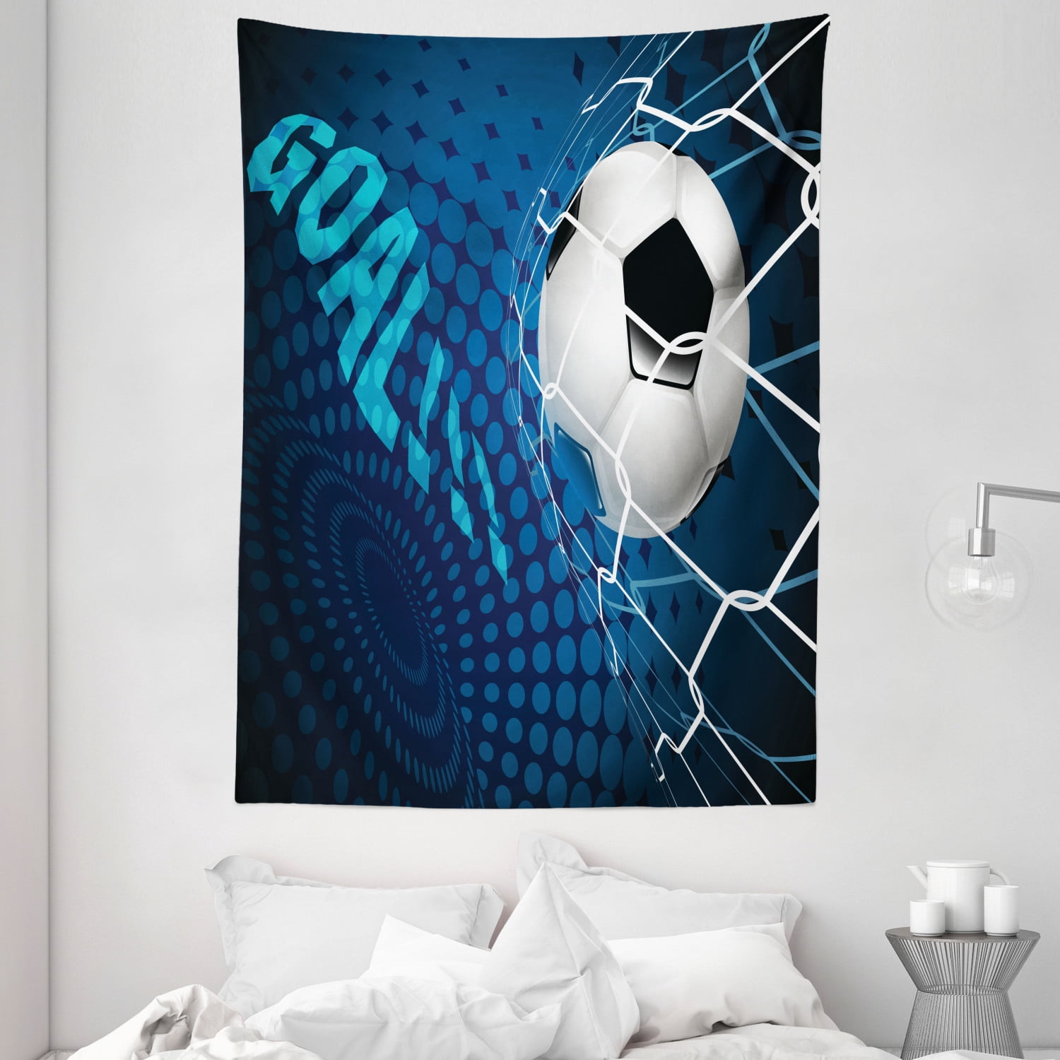 Soccer Tapestry, Goal Football Flying into Net Abstract Dots Pattern