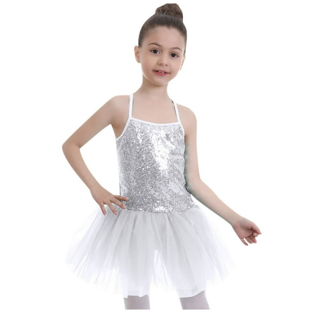 TIEVOSA Camisole à Paillettes pour Filles, Robe de Danse Ballet, Justaucorps Tutu à Jupe, Tenue de Ballerine pour 3-4 Ans (Blanc)