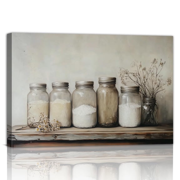 Rustic Farmhouse Kitchen Wall Art, Vintage Mason Jar and Wildflower Canvas Prints, Country Kitchen Wall Decor for Dining Room, Living Room, Restaurant and Home